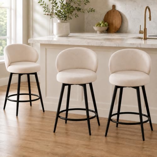 Image of Bar Stools Set of 3, 360 Swivel Breathable Fabric Kitchen Counter Height Stools, 26 inch Upholstered Bar Chair for Kitchen Islands, Restaurant, Ivory