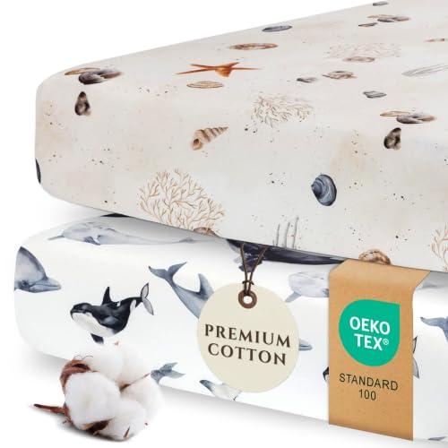 Image of Pobibaby 2 Pack Fitted Crib Sheets for Boys - Premium Cotton Blend Baby Crib Sheet Set, Soft Breathable Toddler Bed Sheets for Standard Mattress, Baby Boy Nursery Bedding Set 52x28 (Seaside)