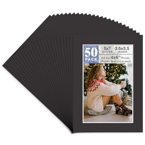 Golden State Art 50 Pack Acid-Free Black 5x7 Picture Mat for 4x6 Photo