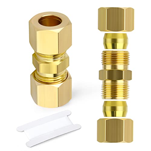 GASHER 2PCS Brass Compression Tube Pipe Fitting Connector, 5/8" Tube OD x 5/8" Tube OD Connector