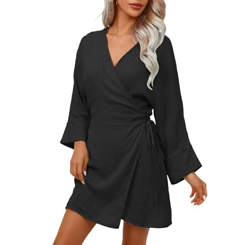 Generisch Bohème - Bikini para mujer, con cuello en V, para fiesta en la piscina y vacaciones en la playa, poncho de playa, túnica de playa, ropa de ocio, vestido, Negro , L