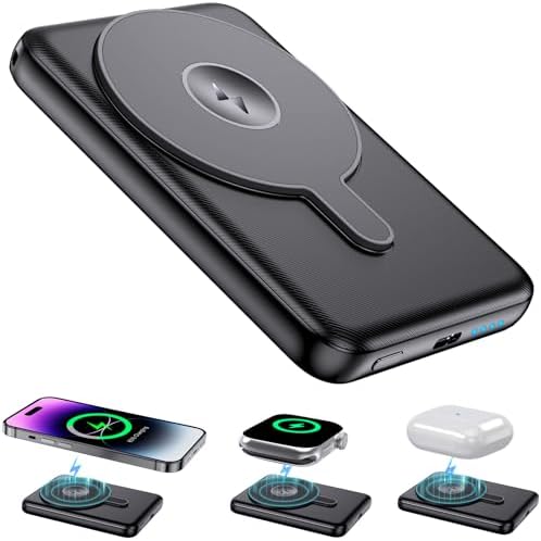 Kurdene Wireless Portable Charger, 3 in1 Magnetic Power Bank with iWatch Charger,5000mAh Mini Mag-Safe Battery Pack,PD Fast Charging for iPhone 15/14/13/12 Series, Apple Watch Ultra/8/7/6/5/4, Airpods