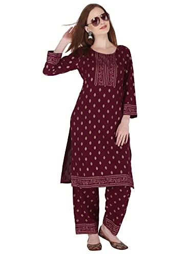 Image of Women's Rayon Printed Kurta with Palazzo Set (Large, Wine Palazzo Set)
