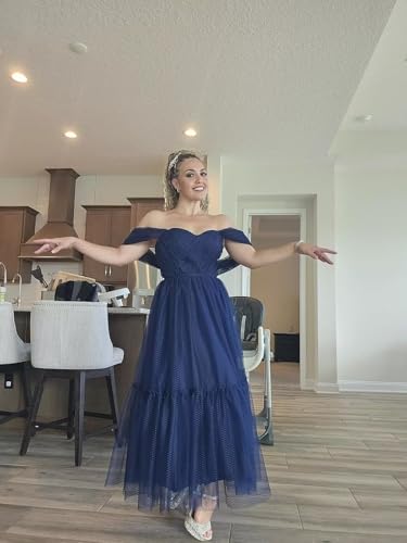 Eighale Tulle Dotted Tea Length Prom Dresses Off The Shoulder A-Line Formal Evening Party Gown4