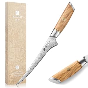 XINZUO 17,8cm Coltello per Sfilettare Acciaio a Polvere di Damasco a 73 Strati -Professionale Coltello da Filetto Cucina Bordo Disossare Pesce e Carne -Manico in Legno d’Ulivo