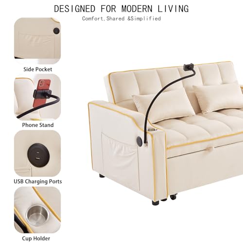 Image of Convertible Sofa Bed, 3 in 1 Futon Sofa Bed with USB Charging Ports, Cup Holder, Phone Stand & Pocket, Modern Upholstered Sleeper Sofa for Living Room, Apartment or Small Space (Beige-L)
