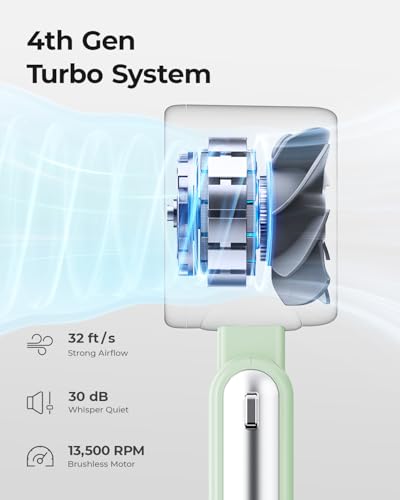 Image of Portable Handheld Turbo Fan - 5 Gear High Speed 4000mAh Rechargeable Mini Personal Hand Fan Blow Cold Air, Battery Operated Travel Essentials, Beach Vacation, Gifts for Women, Men (Green)