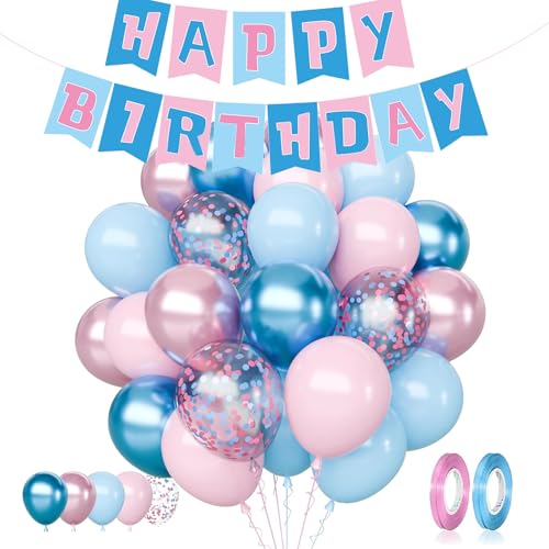 33-Piece 12In Pink and Blue Balloons Set Stitch Birthday Decorations Pastel Pink Blue Confetti Balloons and Happy Birthday Banner for Gender Reveal Baby Shower Wedding Bridal Shower Party