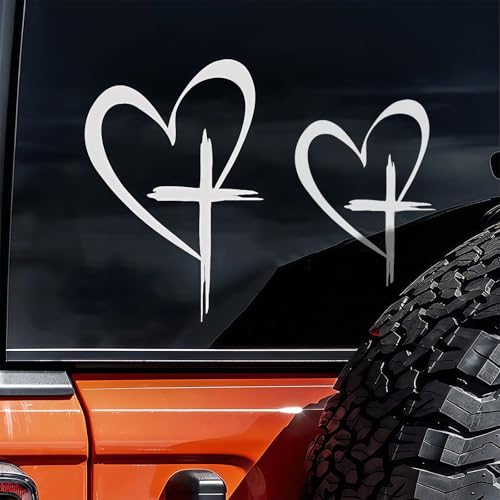 EKUWU Car Decals, White Heart Cross Christian Car Stickers, Love Christian Cross Stickers, Vinyl Decals for Vehicle Windows Laptops Tablets Walls Doors, 2 Pack