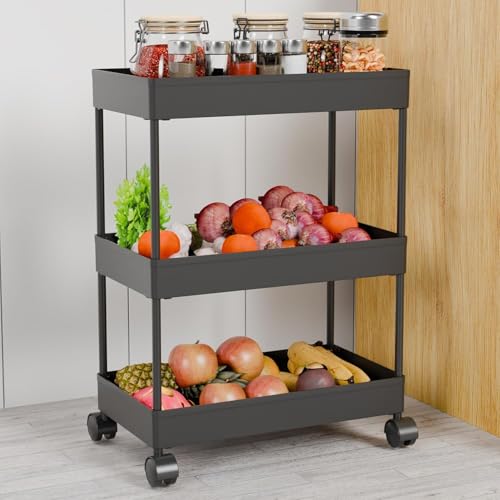 Image of TEKCOOL Plastic Storage Rack for Bedroom /Shelf for Bedroom /Bathroom Storage Rack /Trolley for Kitchen Storage /Multipurpose Storage Rack (Black, 3 Layer)