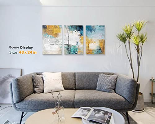 Rameer Wall Art For Living Room Teal Blue Mustard Canvas Large Size 3 Piece Modern Abstract Painting Gray Turquoise Picture For Bedroom Dining Room Office Home Wall Decorations 48''X 24'' #TOP1