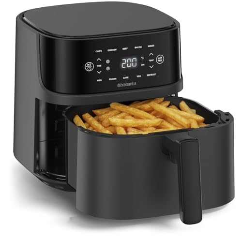 Brabantia Airfryer, XXL, 5,7 Liter, 1700 Watt, 80ºC tot 200ºC, PFAS-Vrij, voor 5 Personen, 10 Kookprogramma's, Digitaal Touchscreen, Cool Touch Handgreep, Antislipvoetjes, Zwart, BBEK1136