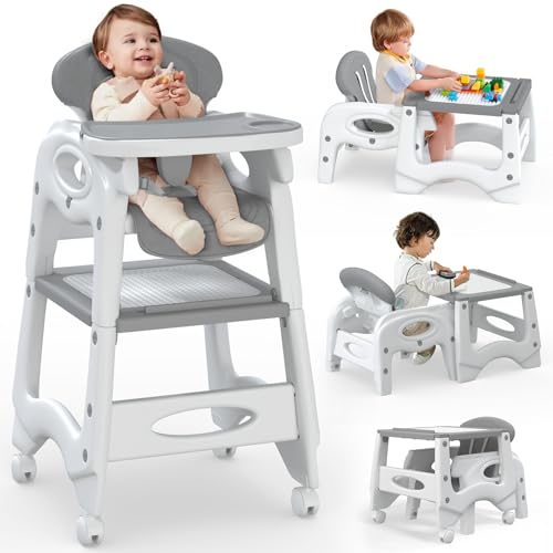 Image of Wanmwill 5 in 1 Baby High Chair, Convertible Highchair for Babies and Toddlers, Infant Dining Chair Booster Seat, Kids Stool Table Chair Set with Removable Tray, Building Block Table（Grey）