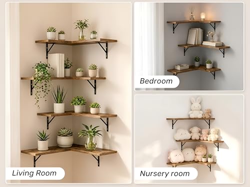 Image of OXMIC Corner Wall Floating Shelves, Book Shelf for wall, Corner Shelf for Living Room Decor, Natural Wood MDF, Rustic Brown, Set of 3, with Metal Brackets
