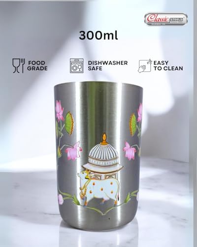 Image of Classic Steels Stainless Steel - Multipurpose Kamal Kunj Designer Glass Set for Home & Office | Ideal for Serving Water, Juice, Cold Drinks & Lemonade | Ideal Gift Choice | Pack of 6 | 300 ML Each