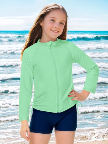 Image of BesserBay UV Protection Beach Sun Shirt Mint Green Full Zip Quick-Dry Rashguard Shirt for Big Girls 11-12 Years