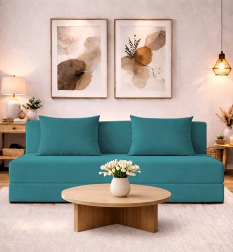 Image of Adorn India Easy 4 Seater Sofa Cum Bed | Velvet Fabric | Aqua Blue | Plain Design | 6x6 Ft | Comfortable Seating | Washable Cover | Perfect for Home & Office
