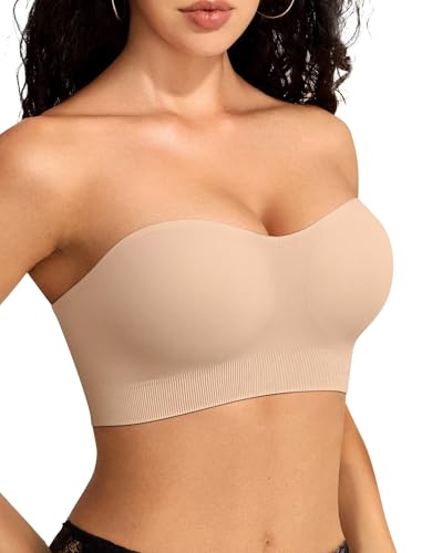 Vertvie Strapless Bras for Women Non-Slip Push Up Wireless Bandeau Bra Seamless Comfort Tube Top Supportive Padded Bralette(Nude,Small,Plain Jersey)