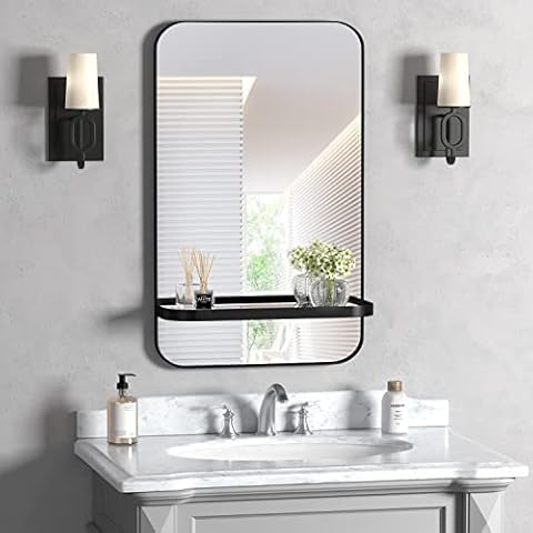 Black Farmhouse Bathroom Mirror with Shelf Vanity Mirror, Rectangle Metal Rounded Wall Mirror for Bathroom Living Room,Entryway 16" X 30" Cover
