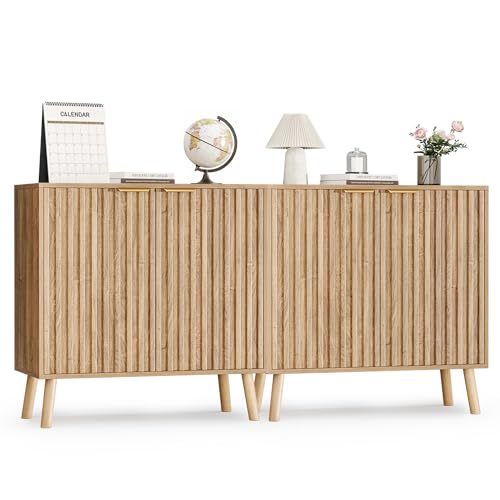 Pamapic Fluted Storage Cabinet, Sideboard Buffet Cabinet with Storage, Wood Credenza with Adjustable Shelves, Modern Accent Cabinet for Living Room, Kitchen, Entryway, Natural(2, Natural)