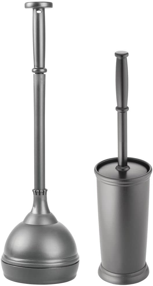 mDesign Hidden Plunger and Brush Set for Toilet Bowl - Modern Toilet Brush and Plunger Set - Brush Cleaner and Plunger Combo with Holder Caddy for Bathroom - Hyde Collection - Set of 2 - Charcoal Gray