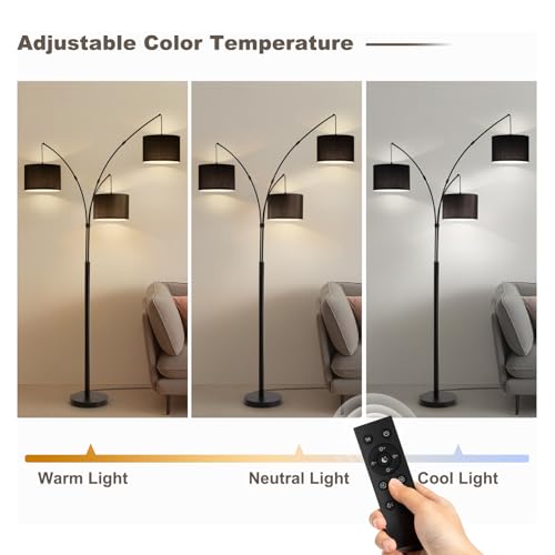 Image of Floor lamp with Remote, 3 Light Arc Floor Lamps for Living Room, 2400LM Tall Standing Floor Lamps with Black Shades, 80 inch Large Floor Lamp for Bedroom, Office