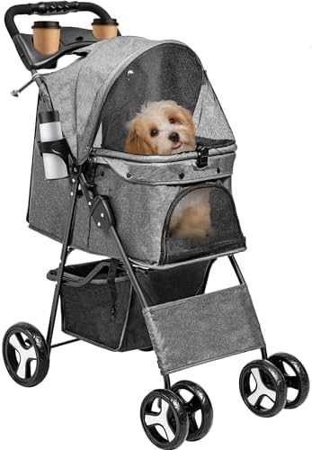 PJDDP Hundebuggy Weiß - Faltbarer Haustierwagen Mit Netzfenster | Hundetrolley Für Kleine Hunde & Katzen | Mit Stauraum & Sicherheitsgurten