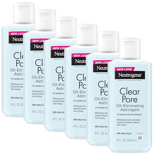 Neutrogena Clear Pore Oil-Eliminating Facial Astringent with 2% Salicylic Acid Acne Medication and Witch Hazel, Pore Clearing Treatment for Acne-Prone Skin, Helps Control Shine, 8 fl. oz, 6 Pack