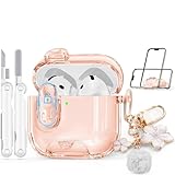 with Safety Lock Compatible with Apple AirPods 4 Case 2024,Clear Cases with Phone Stand & Cleaning Kit,Soft TPU Cover for AirPods 4th Generation Case,Cute Bling Keychain for Women Girls-Desert Gold