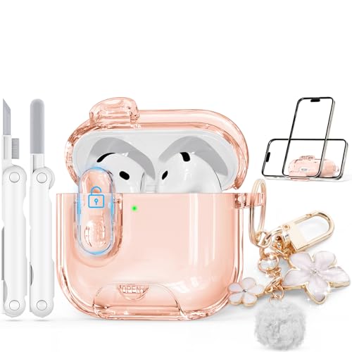 Image of for AirPods 4 Case 2024 with Safety Lock,Desert Gold | Clear Case with Phone Stand & Cleaner Kit,Cute Floral Chain for Women Girls,Soft TPU Protective Cover,Shockproof