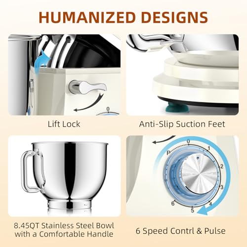 Image of Dough Mixer 8.45 QT Electric Mixer - 660W 6 Speed Large Capacity Kitchen Stand Mixer with Whisk Dough Hook Mixing Beater Household Food Mixer for Baking Cakes Cookie Bread Salad(White)