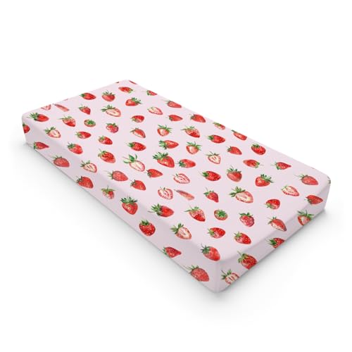 Image of Watercolor Strawberries Changing Pad Covers Cute Strawberry Pink Unisex Diaper Changing Table Sheets for Boys Girls Boho Summer Fruits Soft Breathable Stretchy Baby Change Table Pad Mats 32''x16''