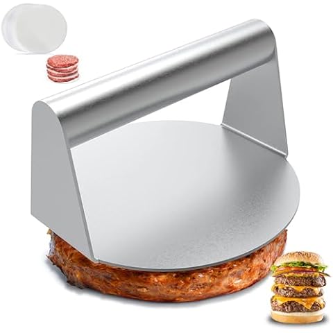 5.5 inch Burger Press, Food grade 304 Stainless Steel Hamburger Press, Non-Stick Round Burger Smasher for Flat Top Griddle Grill Pan Skillet, Thicken Flat Presser for Meat Bacon with 100 Patty Papers Cover