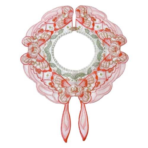 Girls Vintage Dress Detachable False Collar Pearl Beaded Shawl Scarf Chinese Embroidery Butterfly Necklace Capelet