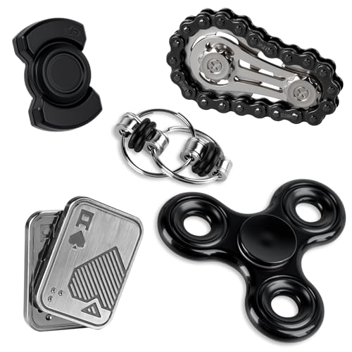 A curated metal fidget toolkit in a box — magnetic slider, tactile chain, and more — feels like a grown-up desk toy collection rather than a cheap spinner.