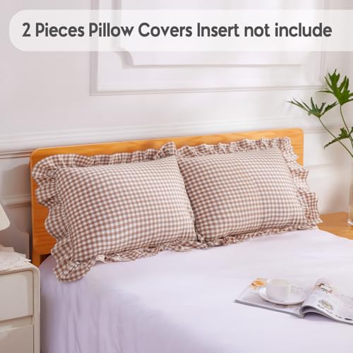 Taupe and White Plaid Ruffle Pillowcases Farmhouse Standard Size Pillow Shams,Classic Checkered Gingham Pillow Cover Washed Cotton Pillow Cases Set of 2, 20"x26",Taupe/White Plaid