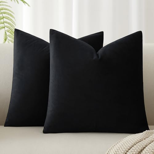 Image of JUSPURBET Velvet Decorative Throw Pillow Covers 14x14 Set of 2,Black | Modern Soft Decorative Cushion Covers with Hidden Zipper for Couch Sofa Bed Living Room Bedroom Halloween Decor