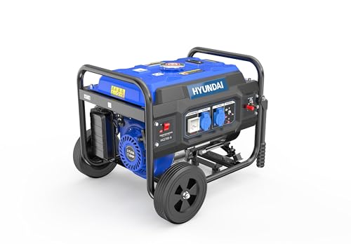 HYUNDAI – Grupo electrógeno gasolina de obra 3000 W – Tecnología AVR – Kit de ruedas – Asa de transporte – Gran depósito de 15 L – Autonomía 10 H – Chassis tubular reforzado – HG2700-A