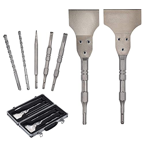 7pcs SDS Plus Floor Scraper and Hammer Drill bits&Chisel Set - 4inch Floor Remover Tools SDS Plus Thinset Chisel for Tile Brick Stone Concrete Adhesives Remover with Sturdy Portable Case