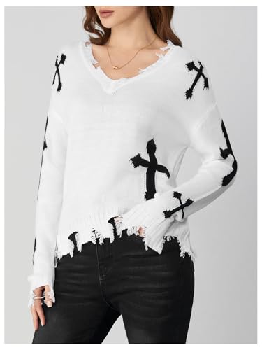 Image of BEAUDRM Women's Graphic Sweaters V Neck Long Sleeve Distressed Sweaters Raw Hem Knitted Pullover Top White Medium