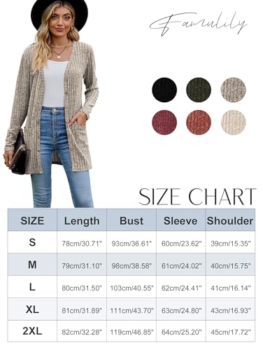 Famulily Damen Open Front Lange Strickjacken mit Taschen für Frauen Cosy Lose Open Front Pullover Mantel (M, Khaki)