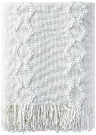 BOURINA Fluffy Chenille Knitted Fringe Throw Blanket Lightweight Soft Cozy for Bed Sofa Chair Throw Blankets, Off White 50" x 60"