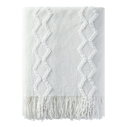 Bourina Fluffy Chenille Knitted Fringe Throw Blanket Lightweight Soft Cozy For Bed Sofa Chair Throw Blankets, Off White 50" X 60" #TOP10