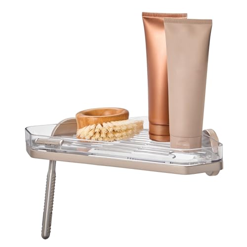 iDesign Self-Adhesive Corner Shower Shelf with Razor Holder, Satin