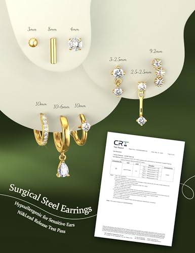 Hypoallergenic Stud Hoop Silver Gold Earrings Stacks - 9 Pairs 14K Gold Plated Stainless Steel Earring Set for Sensitive Ears - Small Ear Piercing Flat Back Cartilage Earrings for Women Trendy Gifts4