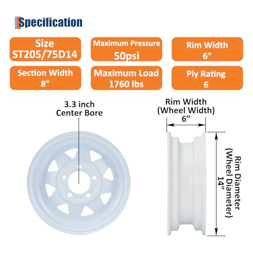Image of GarveeTech ST205 /75D14 Trailer Tire and Wheel Assembly, 5 Lug, Set of 2 | Heavy-Duty Load Range C 6PR, White Spoke Wheel, 14 Inch Tires for Utility /Boat /Camper Trailers
