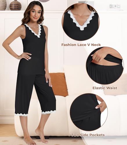 Image of NACHILA Pajamas Set for Women-Viscose Made from Bamboo, Lace V Neck Pj Tank Top Capri Pants Sleeveless Pjs Soft Sleepwear