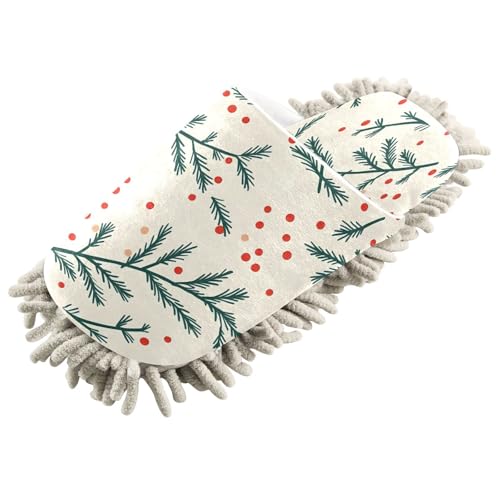 YEGAME Microfiber Kitchen Cleaning Slippers, Christmas Branches Soft Washable Reusable House Cleaning Slippers for Men Women, Dust Dirt Hair Microfiber Mop Cleaner Shoes, Medium