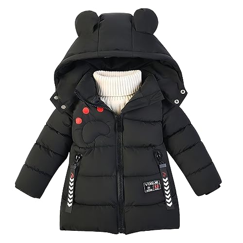 linboo Winterjacke Kinder Jungen Warm Steppjacke Dicke Mantel Baby Wintermäntel mit Kapuze Ohren Winter Kinderjacke Kapuzenjacke 2-7 Jahre, Schwarz, 86-92(Label: M)