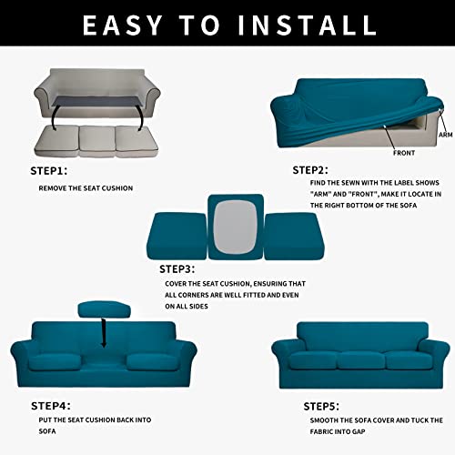 Image of Easy-Going Waterproof 4 Pieces Couch Cover for 3 Cushion Peacock Blue | 100% Dual Waterproof Sofa Slipcover for 3 Separate Cushion Couch Leakproof Furniture Protector for Kids, Pets